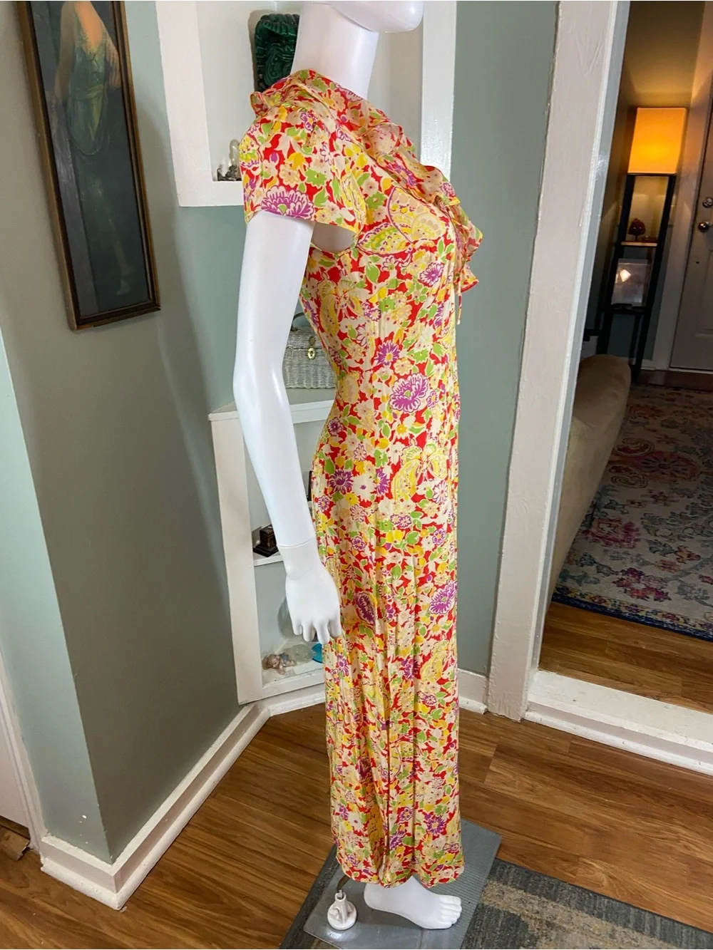 RIXO Jenna Red Summer Meadow Yellow Floral Maxi/Midi Dress Ruffle Sz 2